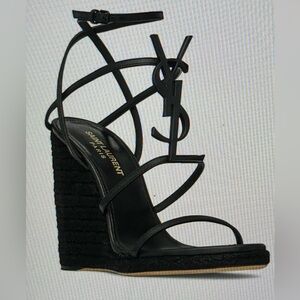 YSL Saint Laurent black strapped wedge sandal.  Size 7.  Great condition!
